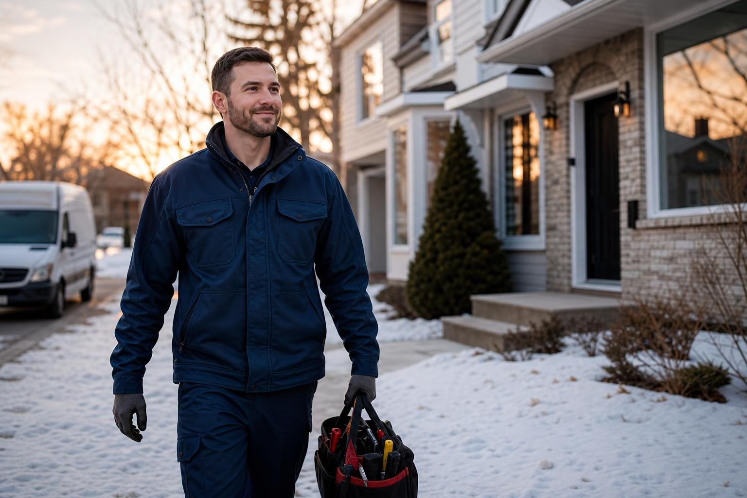 Prairie Air technician arriving at a Winnipeg home in winter